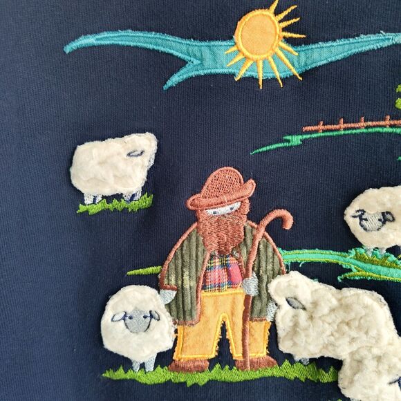 Vintage 90s Cottagecore Collared Sweatshirt 3D Farmer Sheep Pasture Scene Small - Picture 7 of 11